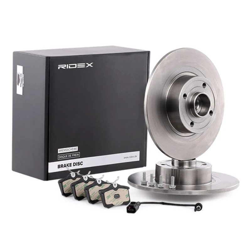 Image of RIDEX 3405B0120 Brake disc and pads set Rear Axle, Brake Disc Type: Solid, with ABS sensor ring Brake Set,disc brakes (3405)