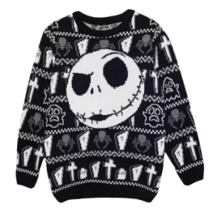 image of Nightmare Before Christmas Girls Jack Skellington Face Knitted Jumper (7-8 Years) (Black)