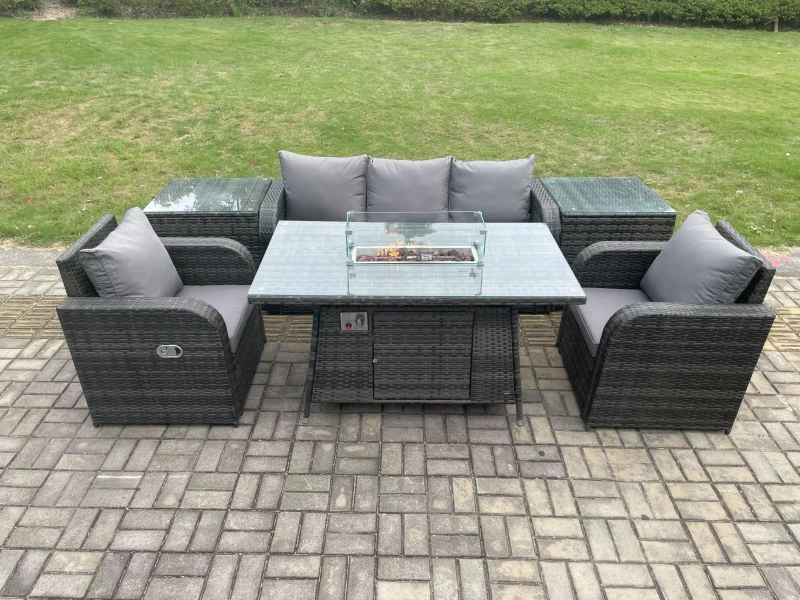 Image of Fimous Outdoor Rattan Garden Furniture Set Propane Gas Fire Pit Table Burner with Lounge Sofa 2 Side Tables Dark Grey