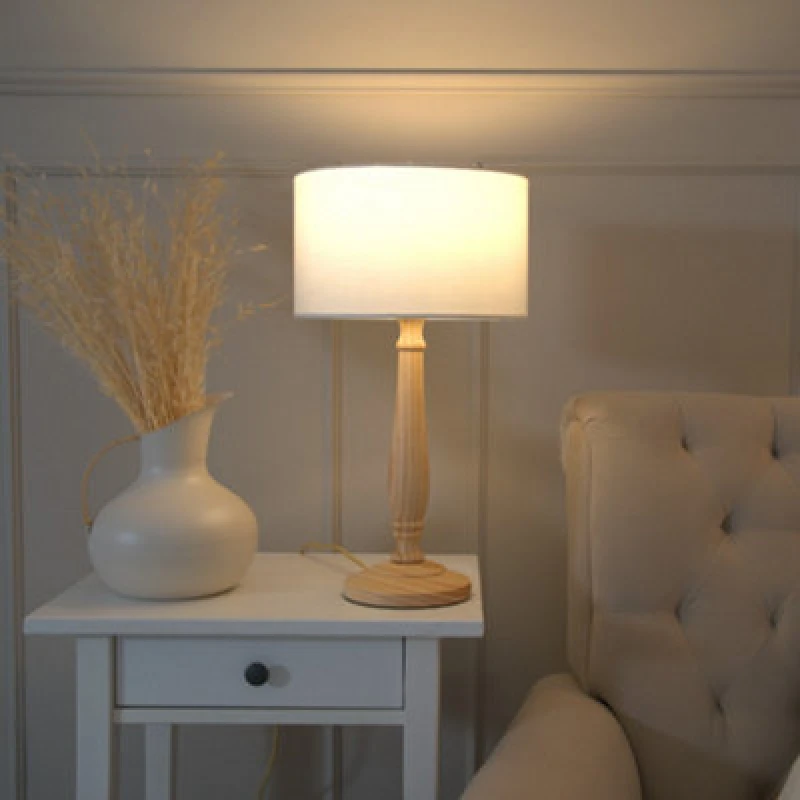 Image of ValueLights Victoria Light Wood Traditional Table Lamp with Fabric Drum Shade and LED Bulb White
