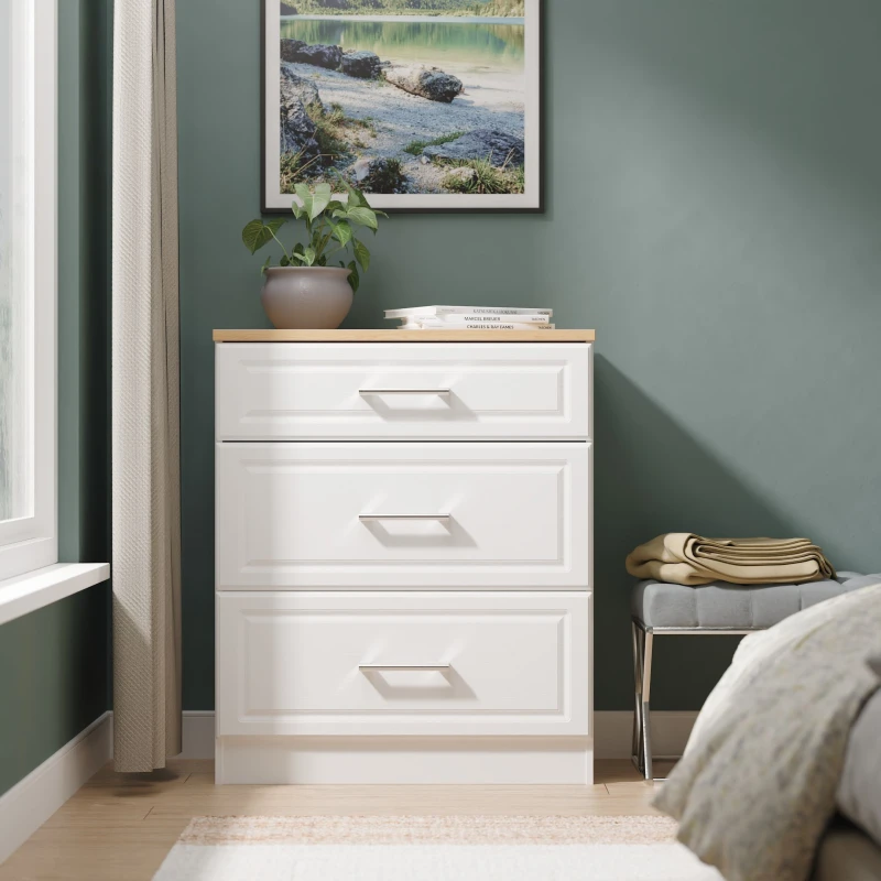 Image of Sevilla Ready Assembled Matt White Light Oak Effect 3 Drawer Deep Chest (H)885mm (W)765mm (D)415mm
