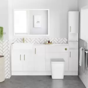 Image of 1800mm - 2100mm White Toilet and Sink Unit with Tall Cabinet Gloss Worktop and Brushed Brass Fittings - Coniston