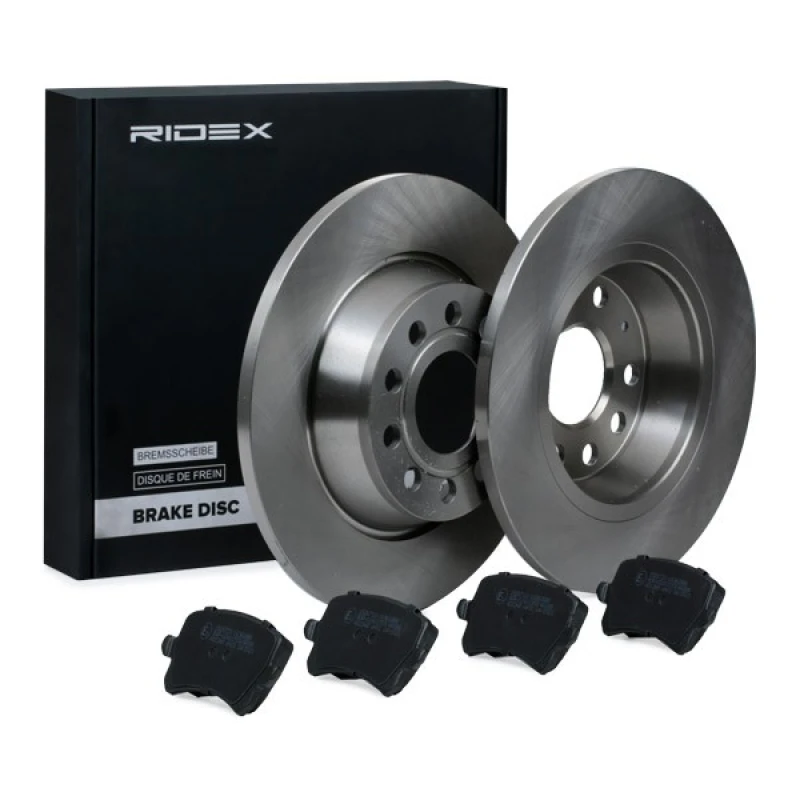 Image of RIDEX 3405B1636 Brake disc and pads set Rear Axle, Brake Disc Type: Solid, with brake pads Brake Set,disc brakes (3405)