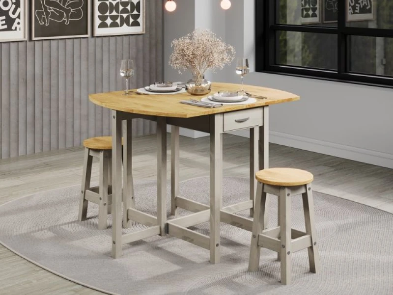 Image of Core Corona Grey and Waxed Pine Oval Drop leaf Dining Table and 2 Stool Set
