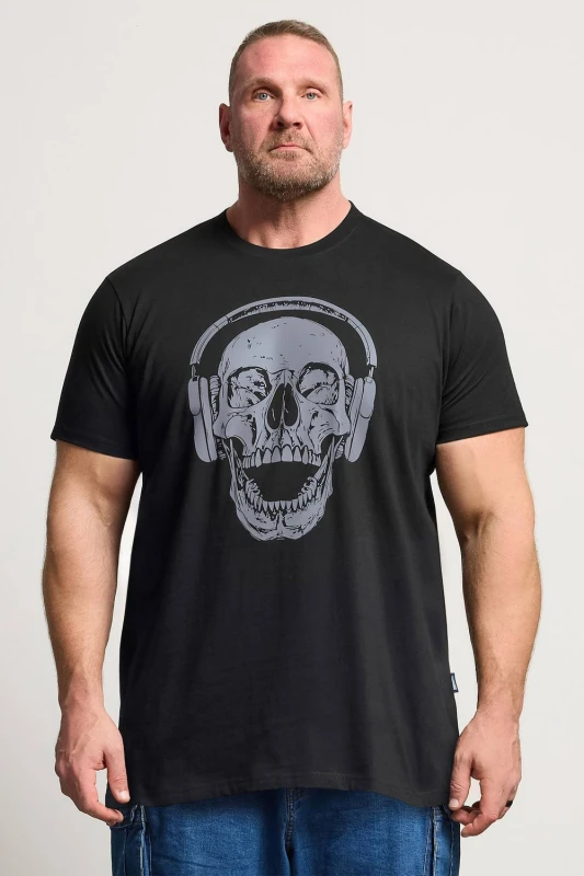 Image of BadRhino Mens Extra Long Skull Headphones Graphic T-Shirt in Black Size: 4XL Black Male 4XL