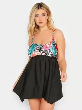 Image of Yours Tropical Animal Bandeau Hanky Hem Swimdress, Black, Size 16, Women