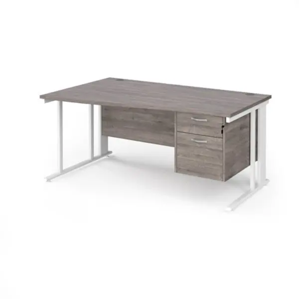 Image of Maestro 25 left hand wave desk 1600mm wide with 2 drawer pedestal - white cable managed leg frame, grey oak top