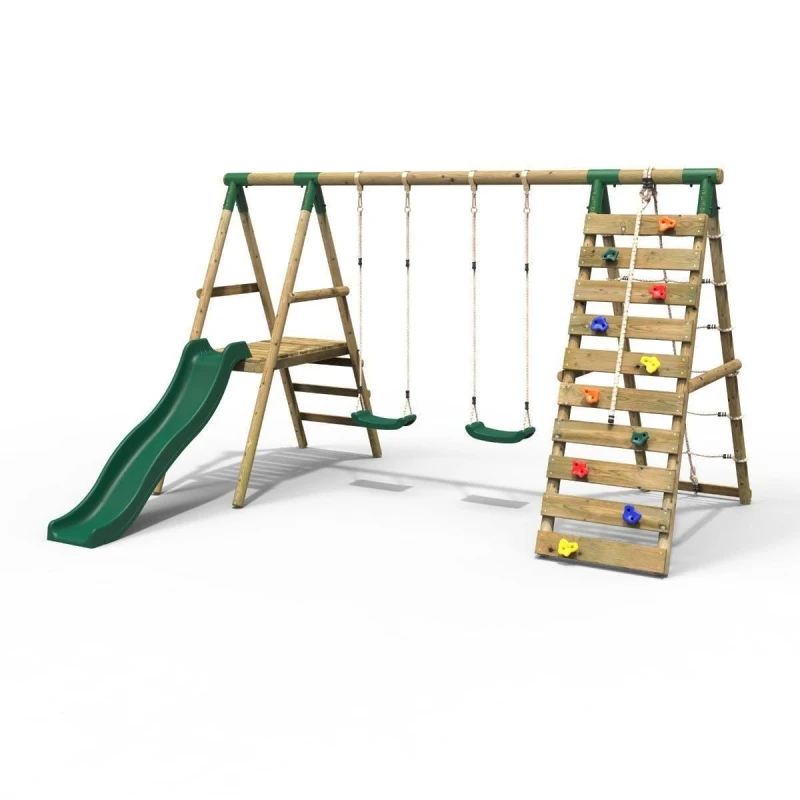 Image of Rebo Wooden Double Swing Set with Climbing Wall and Slide - Jade Green Green