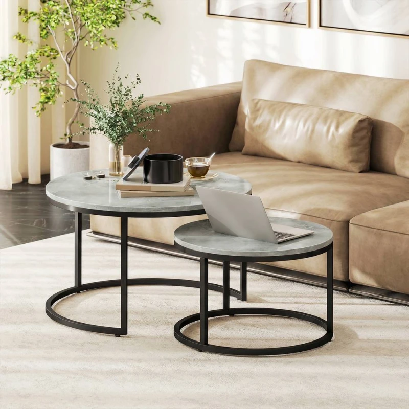Image of Homcom 2 Pcs Stacking Coffee Table Set Steel Frame, Cement Grey
