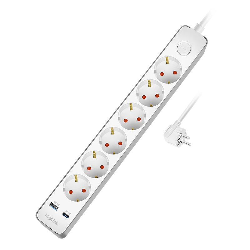 Image of LogiLink Outlet Strip. 6 safety sockets. w/ 1x USB-A. 1x USB-C. 20W PD