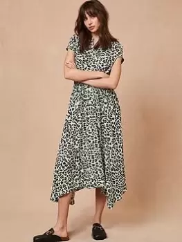 Image of Mint Velvet Alison Animal Print Shirt Hanky Hem Midi Dress, Khaki, Size 10, Women