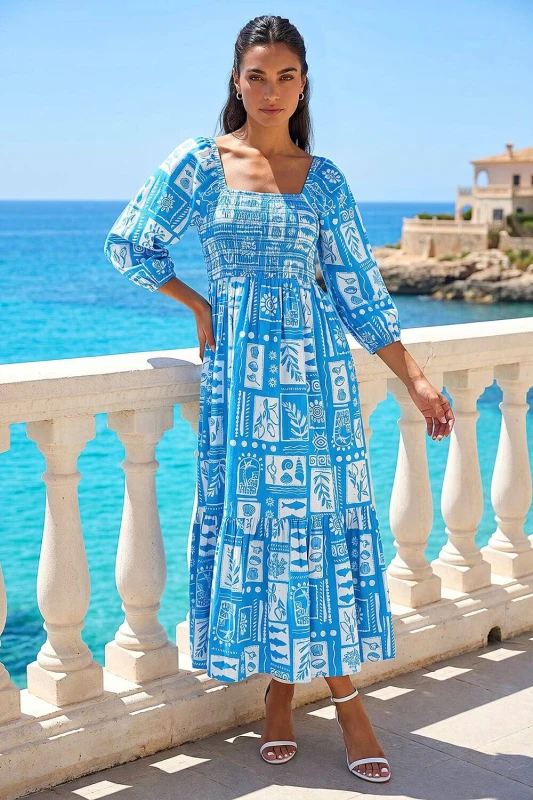 Image of Roman Womens Seashell Tile Shirred Midi Dress in Blue Size: 16 Blue Female 16