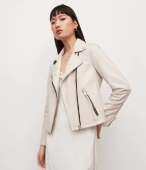 Image of AllSaints Womens Dalby Leather Biker Jacket, Cream, Size: 10