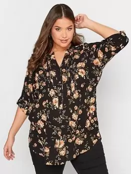 Image of Yours Pintuck Shirt Black Natural Floral, Black, Size 24, Women