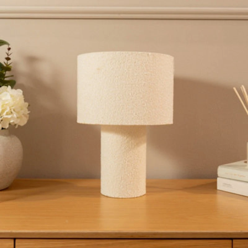 Image of Valuelights Ash Natural Cream Boucle Bedside Table Lamp With A Drum Lampshade - Bulb Included