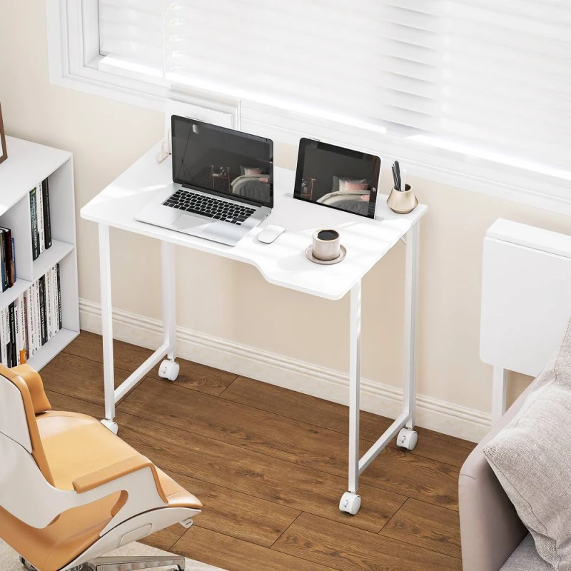 Image of HOMCOM Small Writing Desk with Wheels, Folding Study Table in White White Unisex