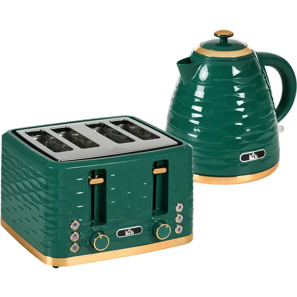 image of HOMCOM Kettle and Toaster Set 1.7L Rapid Boil Kettle & 4 Slice Toaster Green - Green - Homcom 5056725351922