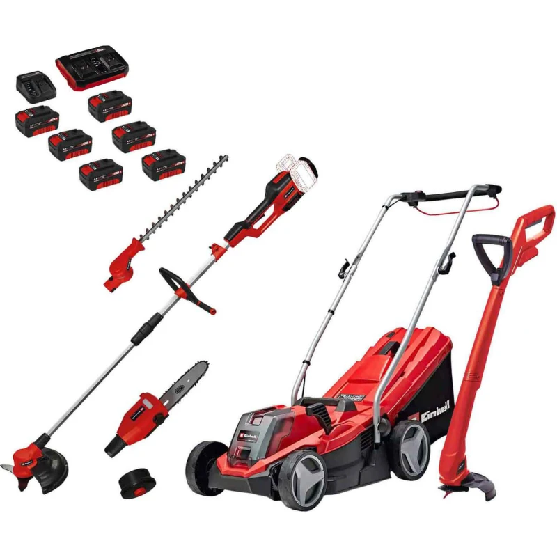 Image of Einhell GE-CM 18v Cordless Rotary Lawnmower, Grass Trimmer and Multi Tool Kit 6 x 4ah Li-ion Battery Charger GE-CMKIT4