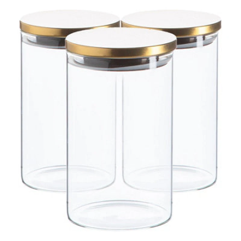 Image of Argon Tableware Glass Storage Jars - Gold Lid - 1 Litre - Modern Round Scandi Organisation Container Glass Jar - Set Of 3