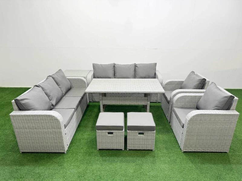 Image of Fimous PE Rattan High Back Lounge Sofa Set Patio Rectangular Dining Table & Chairs Set with 3 Seater Sofa Reclining Chair Stools Side Table Light Grey