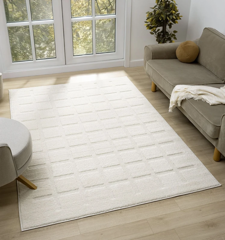 Image of Aya Living Room Area Rugs - Embossed Cubed Design Cream 200Cm X 290Cm