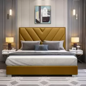 Image of Deana Upholstered Beds - Plush Velvet, Double Size Frame, Mustard - Mustard