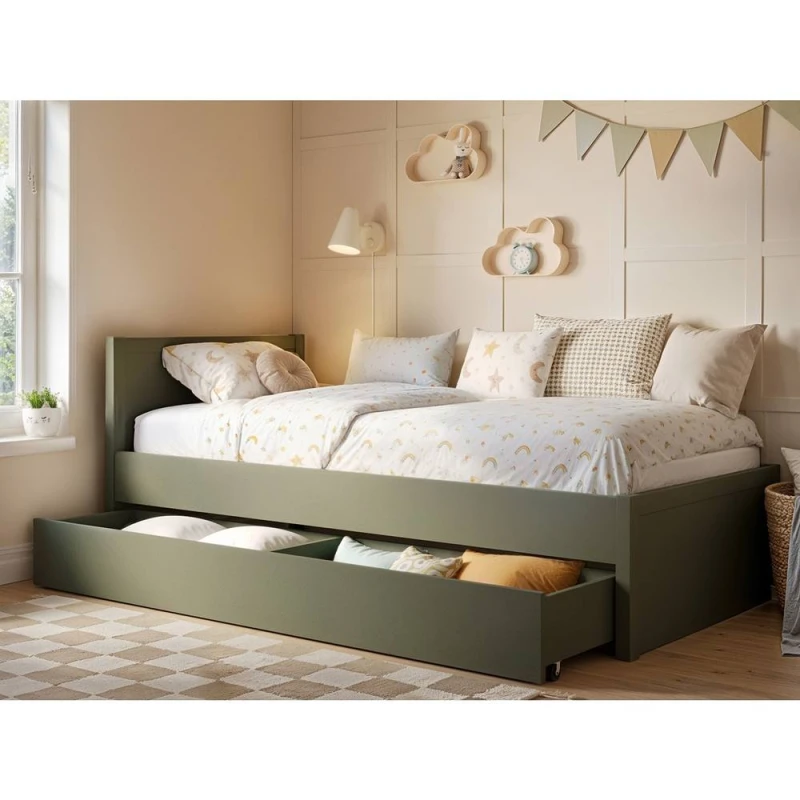 Image of Flair Oli Single Wooden Bed With Drawers Olive Green