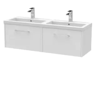 image of Hudson Reed Juno 1200mm Wall Hung 2 Drawer Vanity & Double Polymarble Basin - White Ash