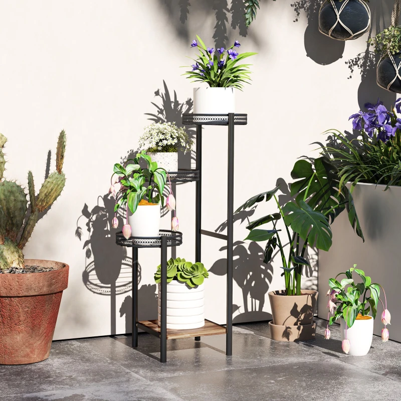 Image of Outsunny Outsunny 4 Tiered Plant Pot Stand, Metal Plant Shelf for Living Room Black