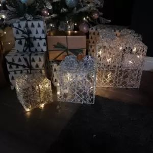 Image of Set of 3 15/20/30cm Warm White Battery Operated LED Silver Gift Box Christmas Decoration