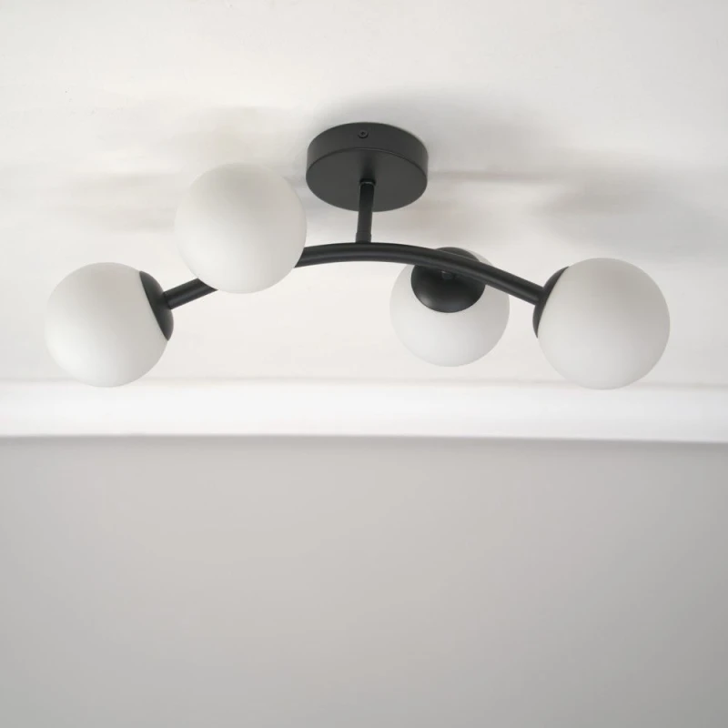 Image of ValueLights Jas 4 Way Ceiling Light with Opal White Frosted Glass Globe Shades and LED Bulbs Black