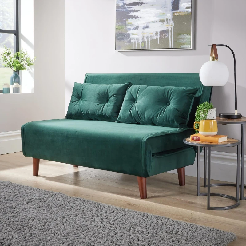 Image of Home Source Morella Velvet 2 Seater Double Folding Sofa Bed Bottle Green