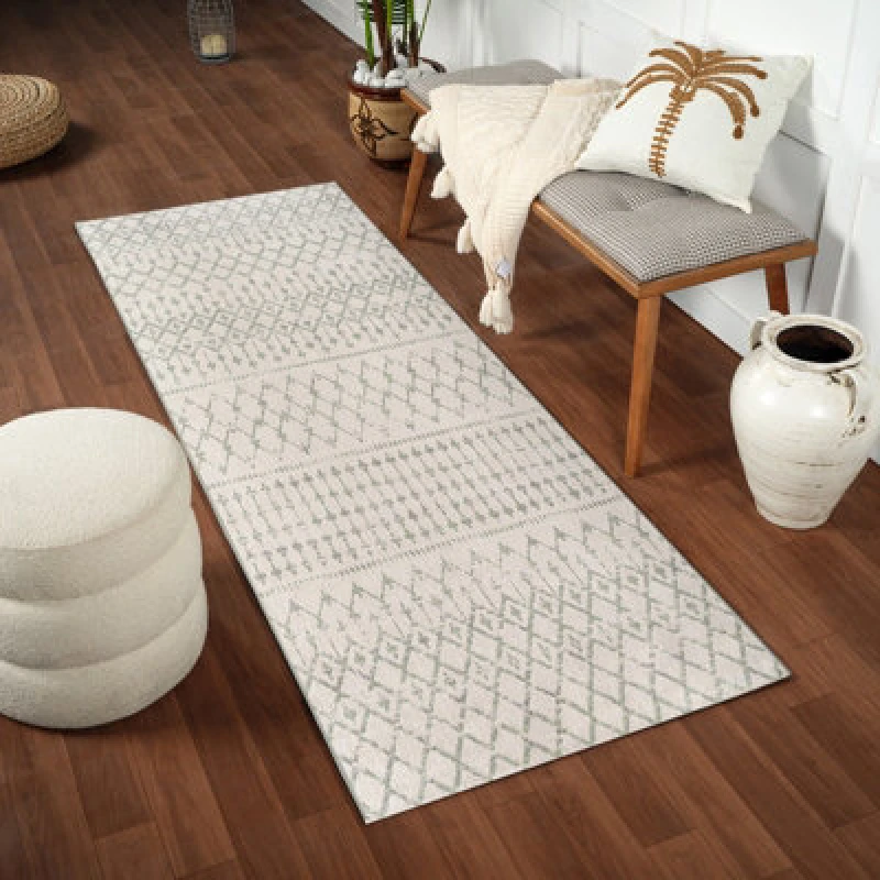 Image of Livabliss Berber Geometric High Pile Sage Taryn Runner Rug 80 X 220 Cm - Easy Care, Non Shedding, Ideal For Hallway Or Beside The Bed