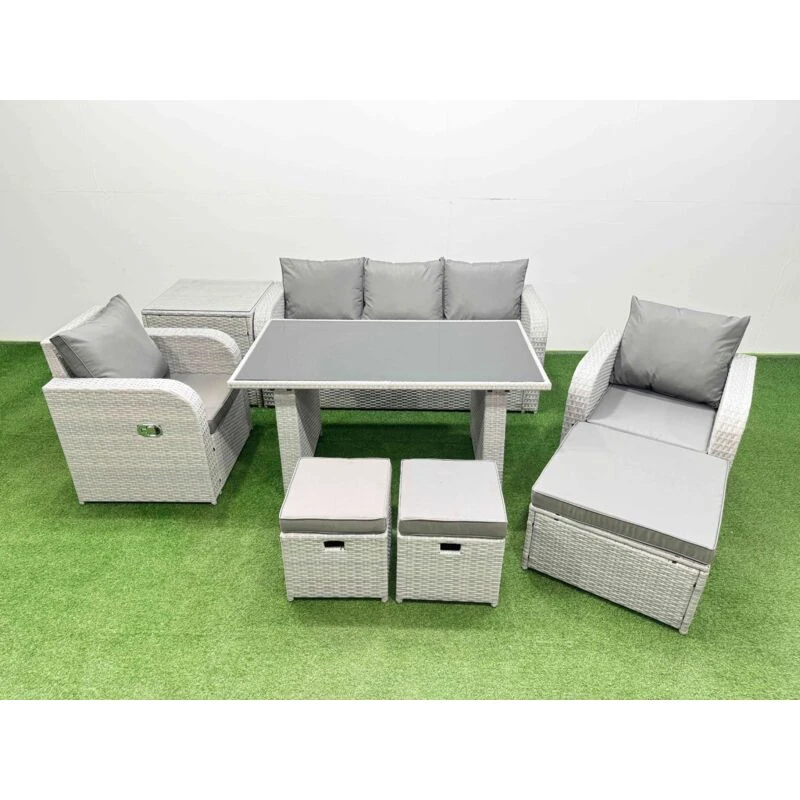 Image of Fimous Outdoor Rattan Garden Furniture Dining Set 8-seater with Side Table in Light Grey Light Grey Unisex