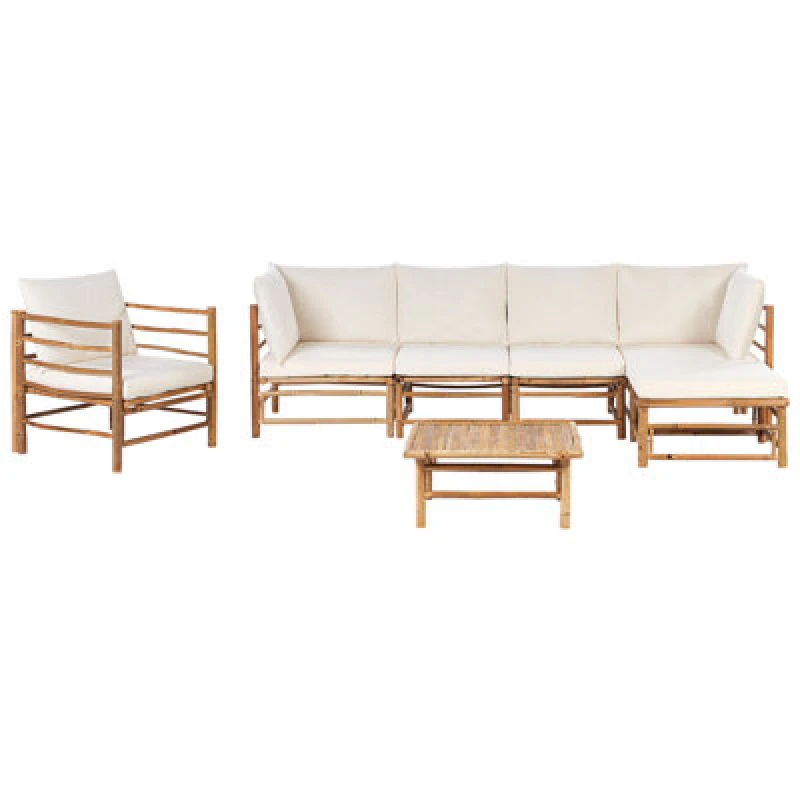 Image of Beliani Garden Lounge Set With Table 6 Seater Cerreto Left Hand Bamboo Wood Off-White