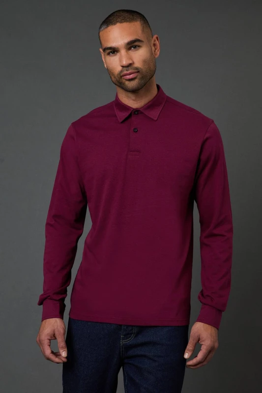 Image of Burton Burton Men Burgundy Long Sleeve Smart Polo Shirt Size: large Burgundy L Male 5045773267804