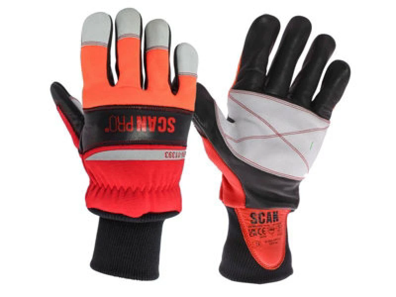 Image of Scan Pro Class 1 Leather Chainsaw Safety Gloves Black / Red XL Pack of 1 SCAGLOPCSXL