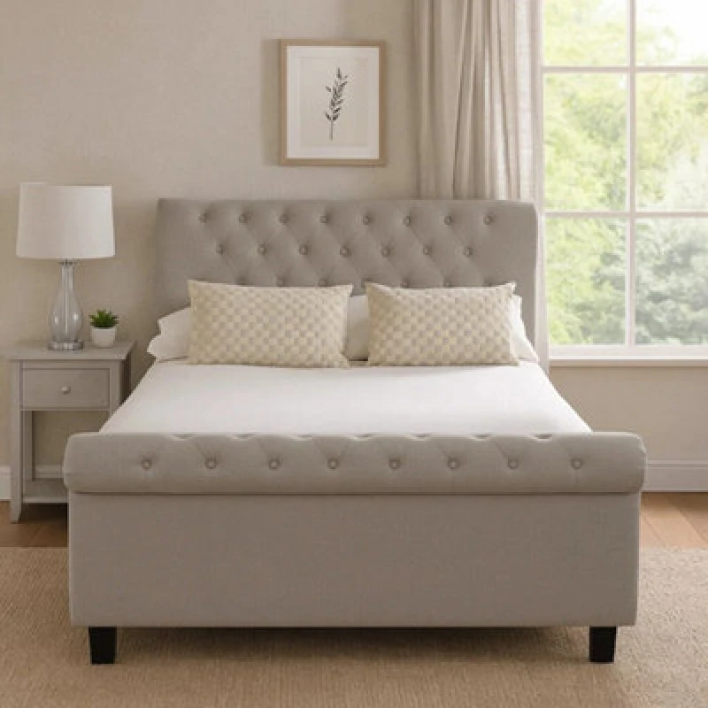 Image of Orsina Contemporary Light Grey Double Ottoman Bed, Elegant Diamond Patterned Bedroom Bed, Ottoman Stud Detailed Bed