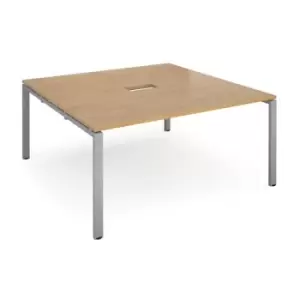 Image of Adapt square boardroom table 1600mm x 1600mm with central cutout 272mm x 132mm - silver frame and oak top