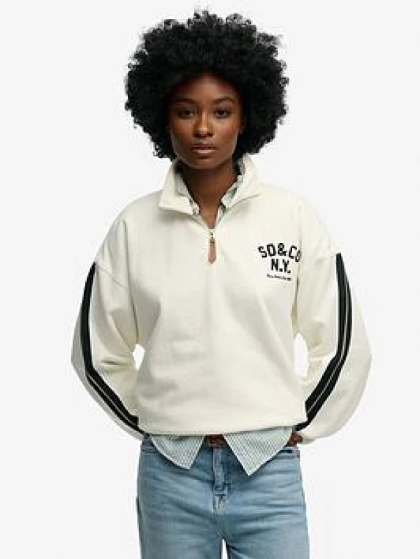 Image of Superdry Womens zip-up crew neck sweatshirt Superdry Country Club Applique Beige Female XS