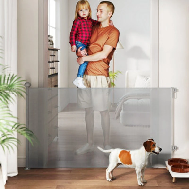 Image of PawHut Retractable Stair Gate, Dog Gate Extends Up to 140cm Wide, Grey D06-266V00GY