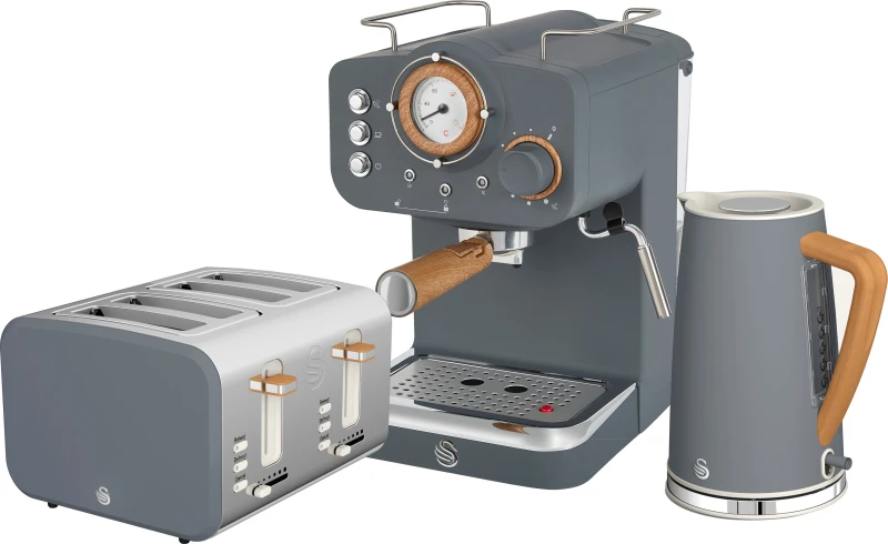 Image of Swan Nordic Espresso Coffee Machine, Kettle, Toaster Bundle - Grey - EEJB212
