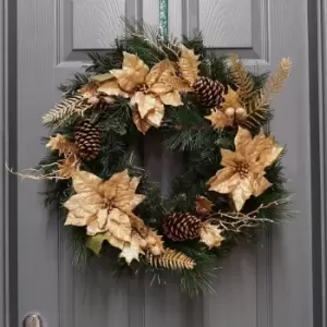 image of 60cm Deluxe Gold Poinsettia Christmas Door Wreath for Indoor / Outdoor