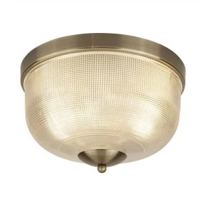 Image of 2 Light Flush Ceiling Light Antique Brass, Glass Shade, E27