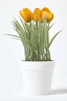 image of Artificial Tulips in White Decorative Pot, 22cm Tall