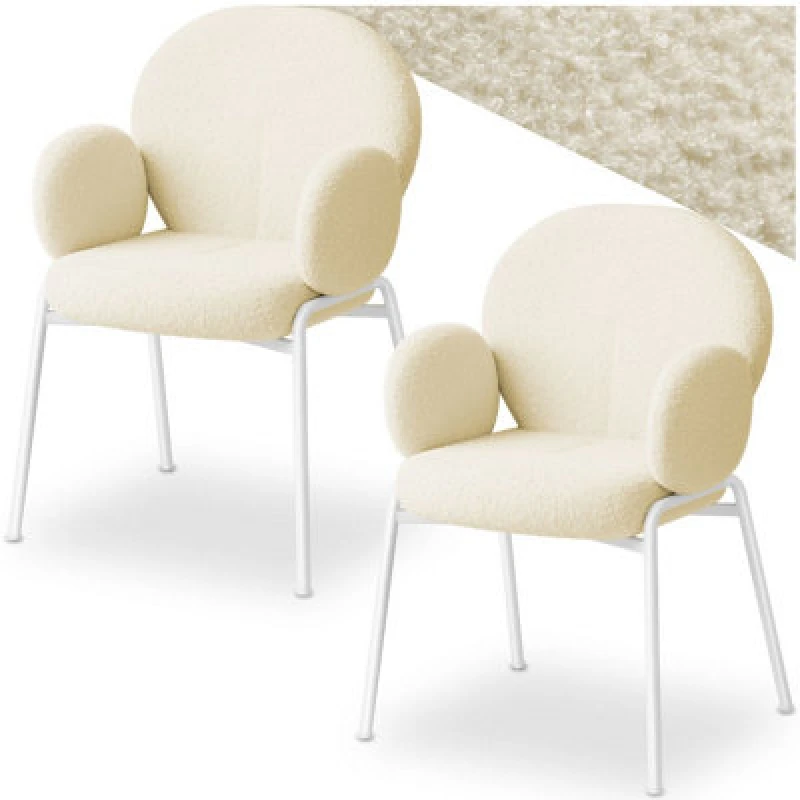 Image of Tectake Set Of 2 Dining Chair - Boucle Cover, Plush Padding, High Backrest - Cream