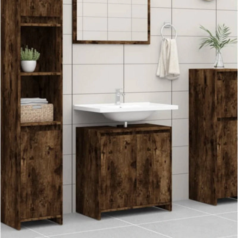 Image of Vidaxl Bathroom Cabinet Smoked Oak 60X33X61cm Engineered Wood, Brown 826357