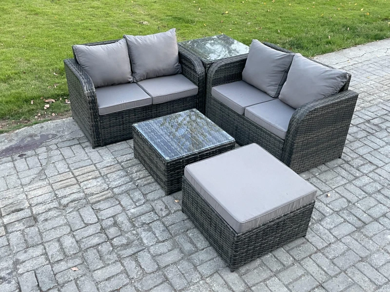 Image of Fimous Rattan Sofa Set Outdoor Garden Furniture Set with Square Coffee Table Loveseat Sofa Big Footstool Side Table Dark Grey Mixed Dark Grey