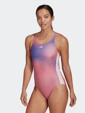 Image of adidas Melbourne Print 3-stripes Swimsuit, Blue, Size 26, Women