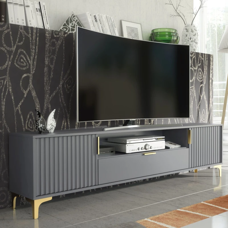 Image of Creative Furniture Creative Furniture Tide Crest TV Unit Gold 200cm - Modern Fluted Design in Grey or White in Dark Grey Dark Grey One Size Unisex 506